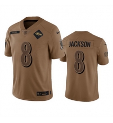 Men Baltimore Ravens 8 Lamar Jackson 2023 Brown Salute To Service Limited Jersey