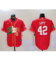 Men San Francisco 49ers 42 Ronnie Lott Red With Patch Cool Base Stitched Baseball Jersey 2