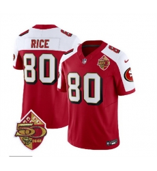 Men San Francisco 49ers 80 Jerry Rice Red White 2023 F U S E  50th Patch Throwback Stitched Football Jersey