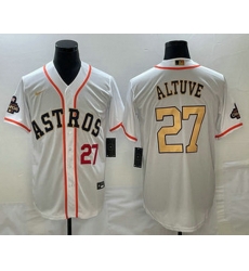 Men's Houston Astros #27 Jose Altuve Number 2023 White Gold World Serise Champions Patch Cool Base Stitched Jersey