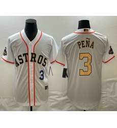 Men's Houston Astros #3 Jeremy Pena 2023 White Gold World Serise Champions Patch Cool Base Stitched Jersey