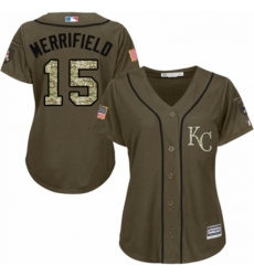 Womens Majestic Kansas City Royals 15 Whit Merrifield Authentic Green Salute to Service MLB Jersey 