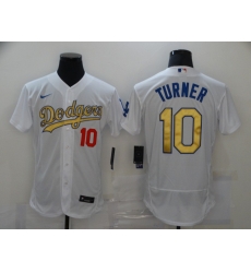 Men Los Angeles Dodgers 10 Justin Turner White Gold 2020 Nike Flexbase Jersey