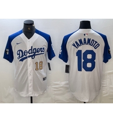 Men Los Angeles Dodgers 18 Yoshinobu Yamamoto White Blue Vin Patch Cool Base Stitched Baseball Jersey C