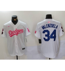 Men Los Angeles Dodgers 34 Fernando Valenzuela White Pink Vin  26 Kobe Patch Stitched Baseball Jersey 7