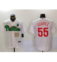 Men Philadelphia Phillies 55 Ranger Suarez White Green Cool Base Stitched Jersey 3