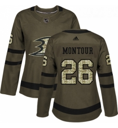 Womens Adidas Anaheim Ducks 26 Brandon Montour Authentic Green Salute to Service NHL Jersey 