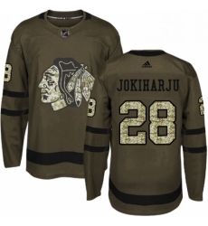 Mens Adidas Chicago Blackhawks 28 Henri Jokiharju Authentic Green Salute to Service NHL Jersey 