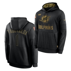 Men Miami Dolphins 1 Tua Tagovailoa 2020 Salute To Service Black Sideline Performance Pullover Hoodie